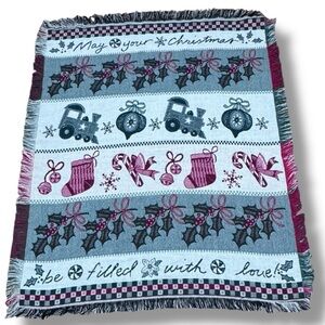 Tapestry Blanket Christmas Stocking Holly Candy Cane Ornament Bells Train 56x43